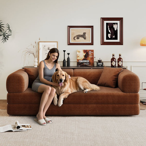 English Elm 78.8" Compression Sofa Convertible Floor Bed with Corduroy Fabric, No-Assembly Modular Futon, Supportive Backrest and Armrests Brown W2824P373434
