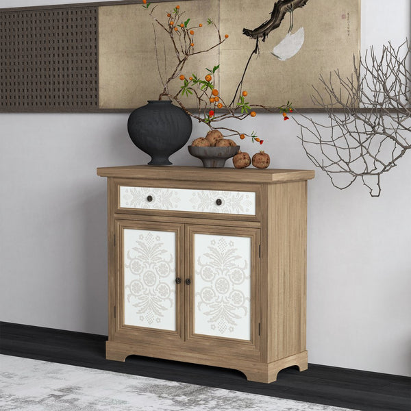 English Elm Rustic Boho Carved Accent Cabinet with Drawer & Removable Shelves, Distressed Sideboard Storage for Entryway W808P245579
