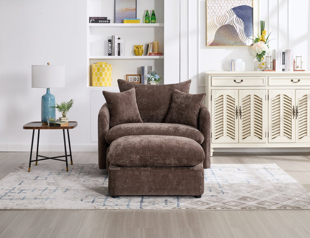 English Elm 360° 360 Swivel Oversized Chenille Armchair with Pocket Spring Seat and Three Throw Pillows Brown W1361S00049