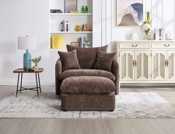English Elm 360° 360 Swivel Oversized Chenille Armchair with Pocket Spring Seat and Three Throw Pillows Brown W1361S00049