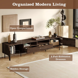 English Elm 78 Inch Walnut Media Console with Slatted Doors Iron Legs and Cable Management N710P373591Q