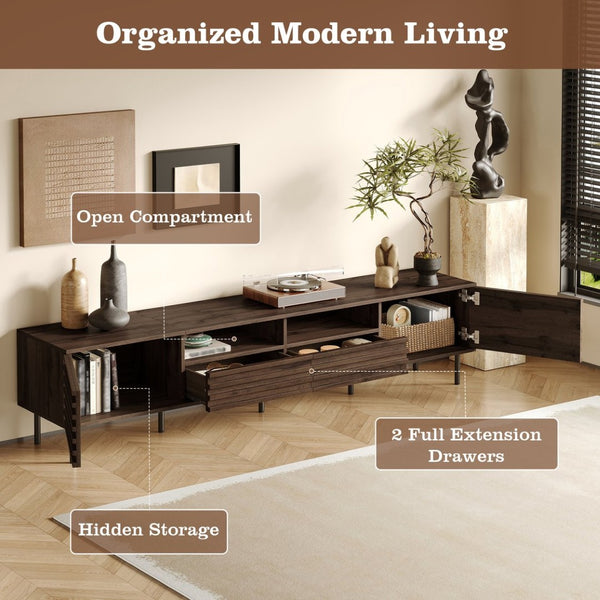 English Elm 78 Inch Walnut Media Console with Slatted Doors Iron Legs and Cable Management N710P373591Q