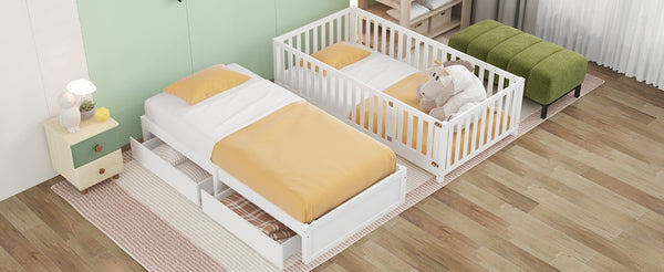 English Elm Twin Pinewood Daybed with Fence Guardrails Two Storage Drawers and Split Floor Bed White LP200881AAK