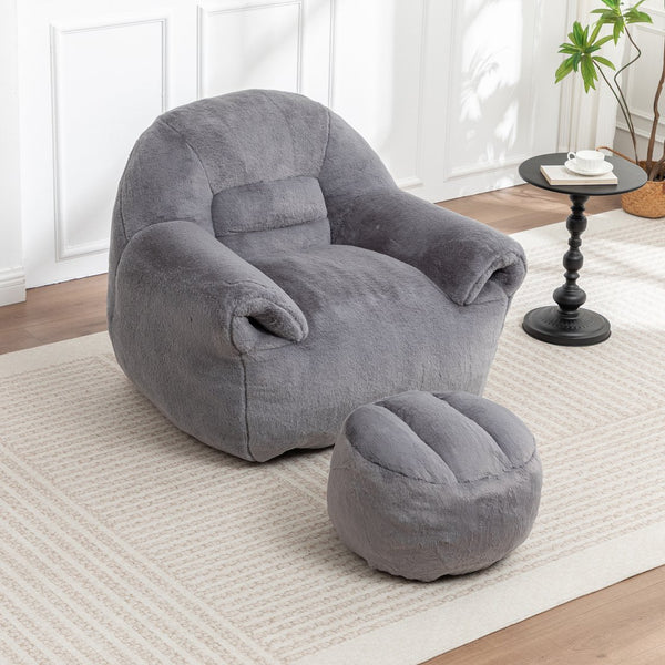 English Elm Bean Bag Chair - Luxurious Faux Fur Sofa With Footstool For Cozy Comfort In Living Room & Bedroom W2200P326904