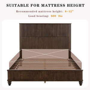 English Elm Solid Rubberwood Queen Platform Bed Tall Headboard Vertical Grain No Box Spring Walnut W5819S00001