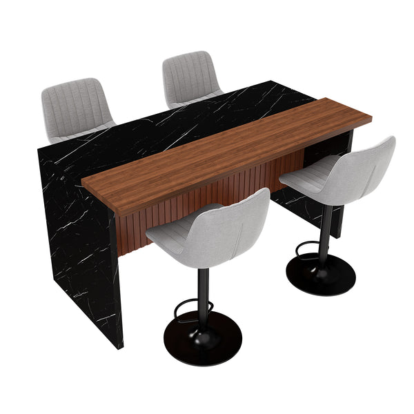 English Elm 63" Modern Kitchen Island Set With 4 Gray Bar Stools - Elegant Black Marble, Led Lights & Versatile Design W2699S00071