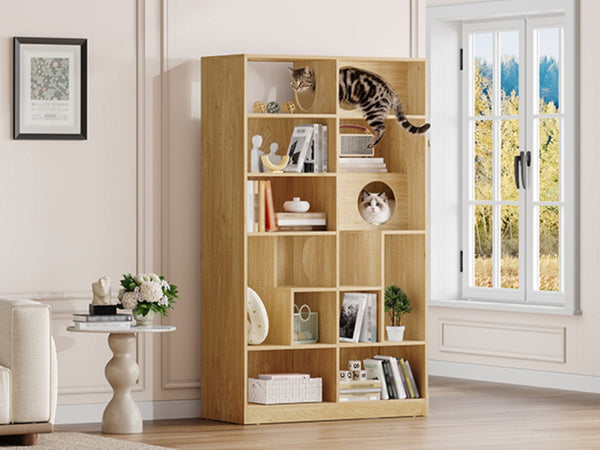 English Elm Modern Wood Grain Bookshelf Cat Habitat with Climbing Cubbies for Living Room Natural N752P395027N