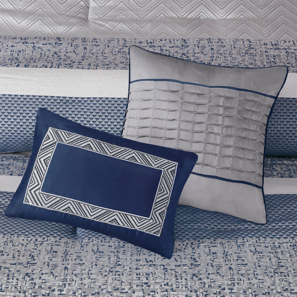 English Elm 7 Piece Jacquard Comforter Set Navy Cal King – Madison Park Rhapsody Stripe Jacquard, Embroidered Pillows B03597214