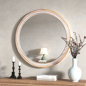 English Elm 30" Solid Wood Round Farmhouse Mirror Rustic Boho Accent for Bathroom or Entryway W2263P446640