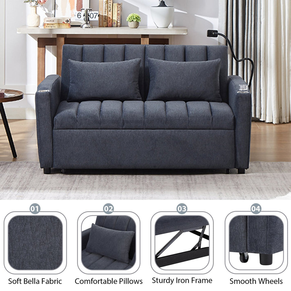 English Elm 55.9" Convertible Sofa Bed Loveseat with 3 USB Ports, Cup Holders, Side Pockets & 360° Phone Swivel Blue-gray WF322620AAC
