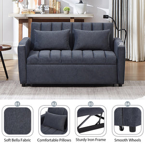 English Elm 55.9" Convertible Sofa Bed Loveseat with 3 USB Ports, Cup Holders, Side Pockets & 360° Phone Swivel Blue-gray WF322620AAC
