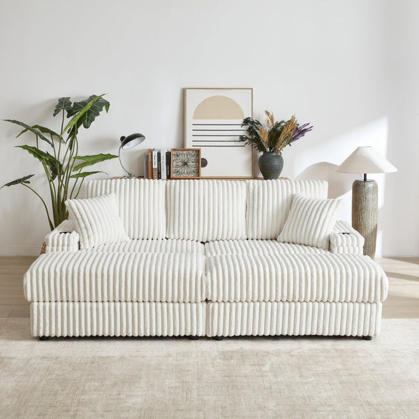 English Elm 84inch Corduroy Deep Seat Three Person Sofa with Storage Ottomans for Living Room Beige W834S00565