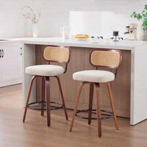 English Elm Set of 2 Swivel Counter Stools Walnut Frame Rattan Back Linen Seat Kitchen Island Beige W1143P392171