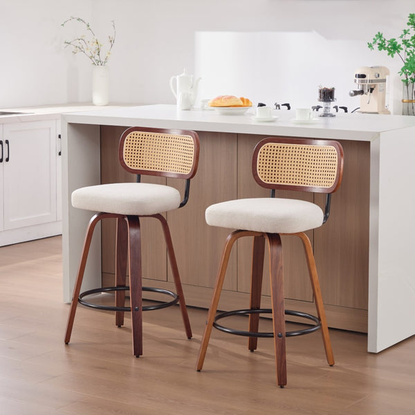 English Elm Set of 2 Swivel Counter Stools Walnut Frame Rattan Back Linen Seat Kitchen Island Beige W1143P392171