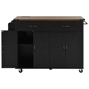 English Elm K&K Farmhouse Kitchen Island Cart 53.5" with Drop Leaf, Built-In Power Station, Ample Storage & Wheels Black N707P170348B