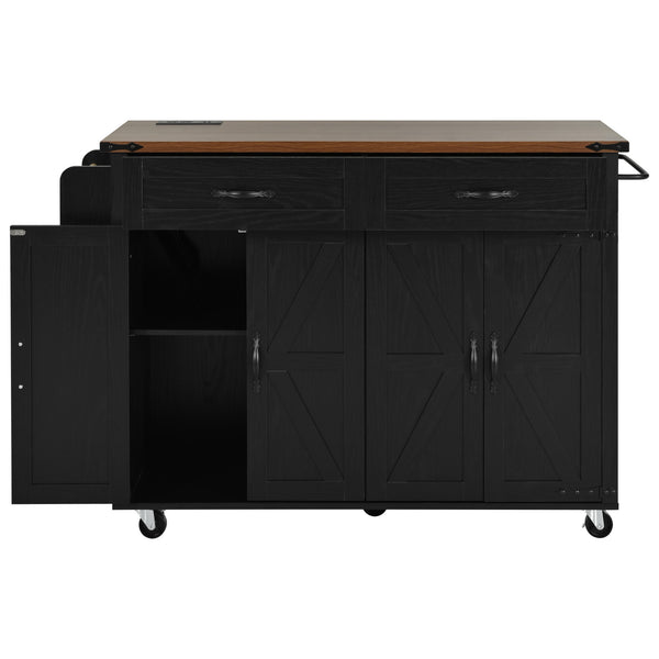 English Elm K&K Farmhouse Kitchen Island Cart 53.5" with Drop Leaf, Built-In Power Station, Ample Storage & Wheels Black N707P170348B