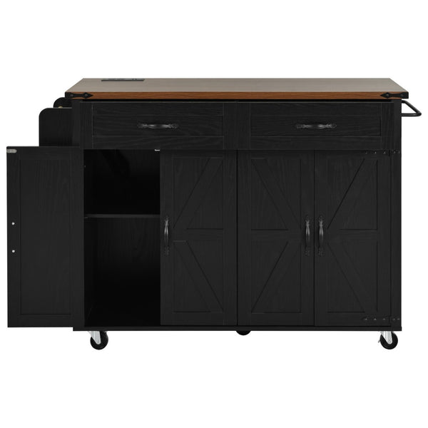 English Elm K&k Farmhouse Rolling Kitchen Island with Drop Leaf Power Outlets and Storage Cabinet Black N707S170348B