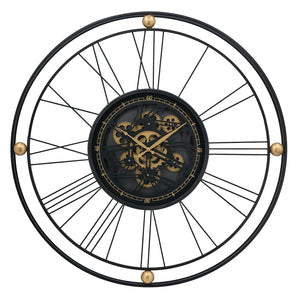 English Elm 31.5x3x31.5" Large Gear Clock with Roman Numerals, Thin Black Iron Frame and Gold Accents, Silent Moving Gears for Living Room Statement Piece W2078P373017