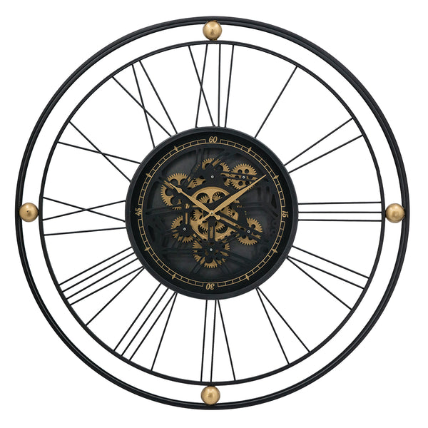 English Elm 31.5x3x31.5" Large Gear Clock with Roman Numerals, Thin Black Iron Frame and Gold Accents, Silent Moving Gears for Living Room Statement Piece W2078P373017
