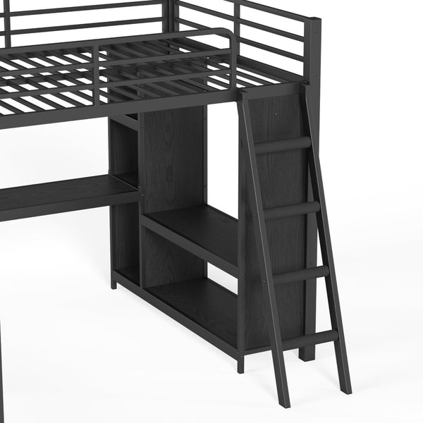 English Elm L-shaped Triple Bunk Bed with Desk Wardrobe Metal Frame for Teen Shared Rooms W5305S00003