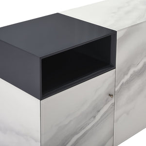 English Elm Olivia Marble Effect Glass Sideboard with Matte Black Open Shelving for Dining Rooms B2736S00027