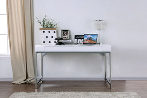 English Elm Modern High Gloss Computer Desk 54"L with Built‑in USB, Chrome Frame, Low‑Profile No‑Show Drawers B2741P340567