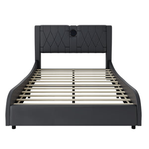 English Elm Full Faux Leather Upholstered Bed with Thick Headboard, Bluetooth Speakers, RGB LEDs & Storage Black 56.69 L x 19.69 W x 12.99 H N701P241046B