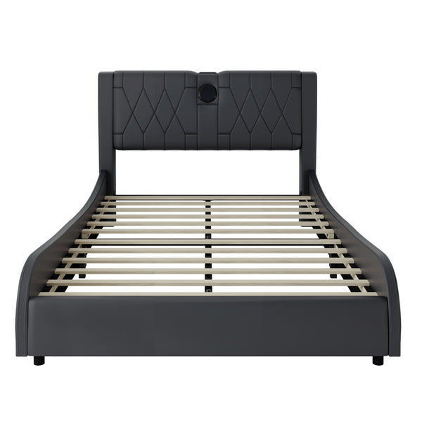 English Elm Full Faux Leather Upholstered Bed with Thick Headboard, Bluetooth Speakers, RGB LEDs & Storage Black 56.69 L x 19.69 W x 12.99 H N701P241046B