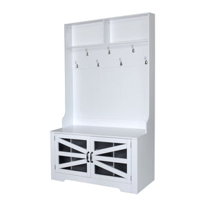 English Elm U-Can Entryway Bench with Coat Rack and Shoe Cabinet, 7 Hooks, Adjustable Shelves, Sturdy MDF White N724P264668K