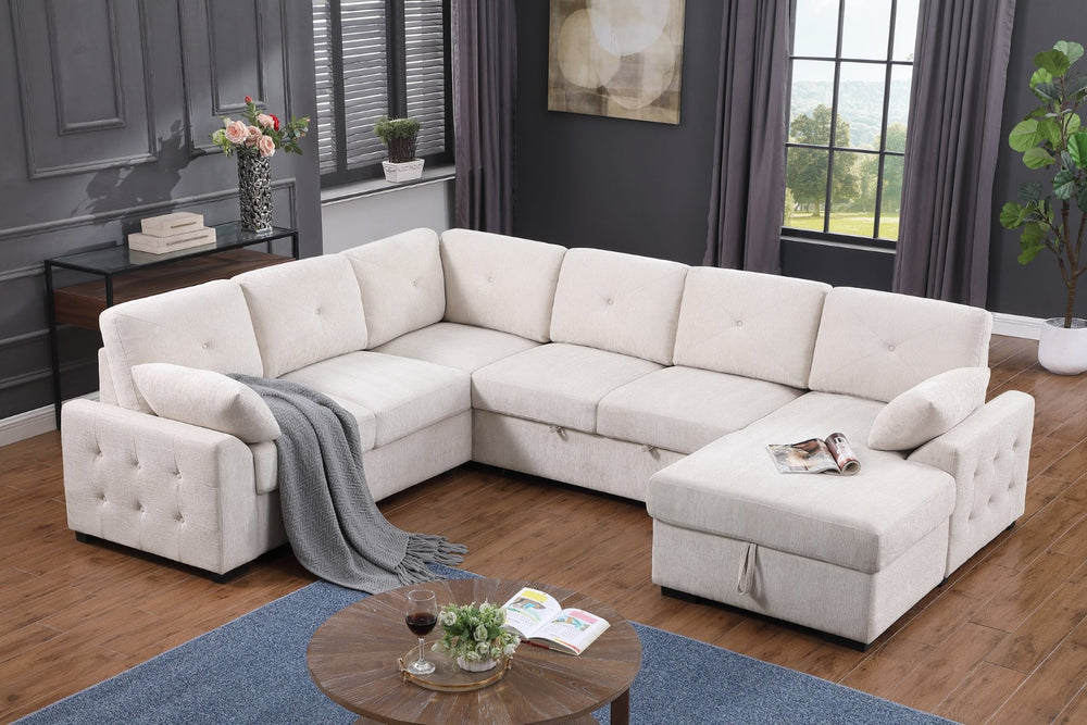 English Elm Multi Functional L Shaped Sectional Sofa with Sleeper and Hidden Storage Chaise Beige B2730S00057