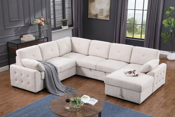 English Elm Multi Functional L Shaped Sectional Sofa with Sleeper and Hidden Storage Chaise Beige B2730S00057