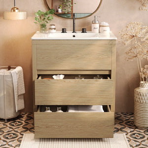 English Elm Christopher Knight Home® - 30" Bathroom Vanity with Ceramic Sink, 2 Soft-Close Full-Extension Drawers, Handle-Free 45° Design, Durable MDF Natural N817P280549N