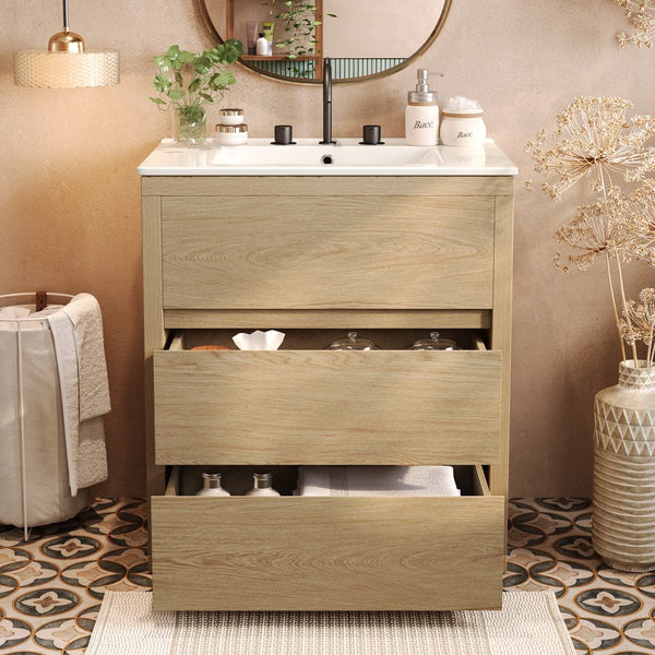 English Elm Christopher Knight Home® - 30" Bathroom Vanity with Ceramic Sink, 2 Soft-Close Full-Extension Drawers, Handle-Free 45° Design, Durable MDF Natural N817P280549N