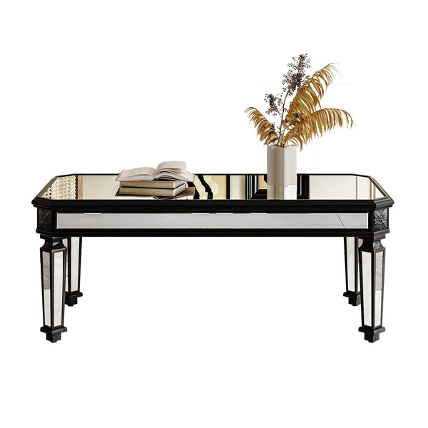 English Elm Silver Mirrored Coffee Table with Vintage Carved Accents, Rectangular Glass Top, Elegant Centerpiece, Durable & Easy-Clean Finish W1445P299191