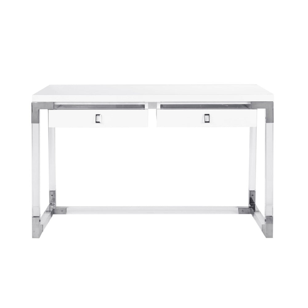 Pasargad Home Firenze Lacquer & Lucite Desk – Modern White Workspace With Storage Drawers White Lacquer & Lucite Re-3535