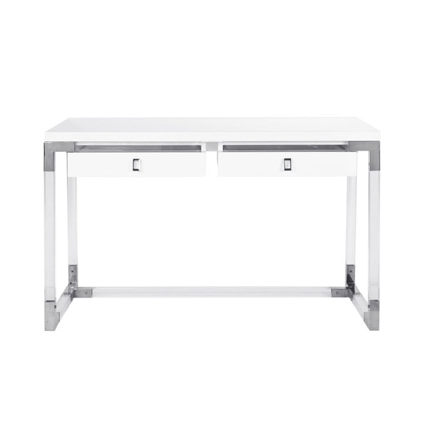 Pasargad Home Firenze Lacquer & Lucite Desk – Modern White Workspace With Storage Drawers White Lacquer & Lucite Re-3535