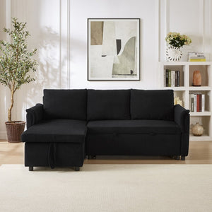 English Elm Loveseat Sectional Sleeper Sofa with Corduroy Tufted Upholstery Storage Chaise Reclining Black W2186S00011
