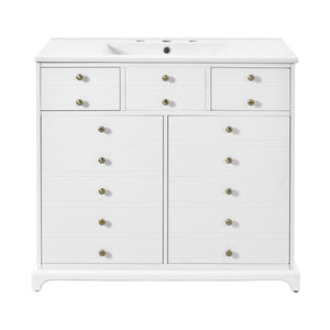 English Elm 36'' Bathroom Vanity with Ceramic Sink Combines Retro Solid Wood Frame, Soft-Close Drawers & Ample Storage White N710P195628K