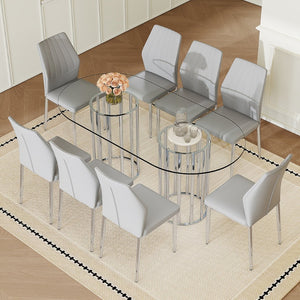 English Elm Table and Chair Set Oval Tempered Glass Top 9 Piece Modern Dining with Pu Seats Light Gray,Silver,Transparent W1151S04743