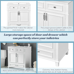 English Elm 30'' Bathroom Vanity with Sink - Retro Solid Wood Frame, Ceramic Basin, Soft-Close Doors & Ample Storage White N710P190656K