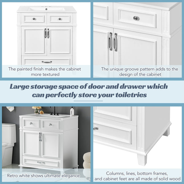 English Elm 30'' Bathroom Vanity with Sink - Retro Solid Wood Frame, Ceramic Basin, Soft-Close Doors & Ample Storage White N710P190656K