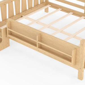 English Elm Queen Bunk Bed with Trundle Solid Pine Kids Car Themed Frame Built-in Bookshelf Light Natural W1580S00538