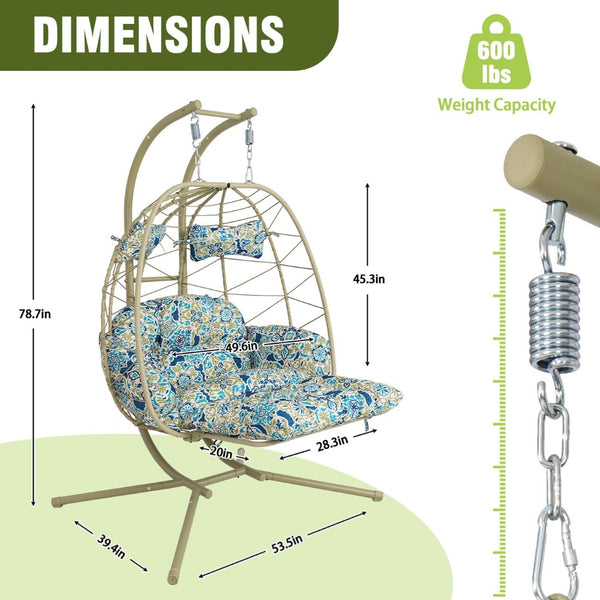 English Elm 2 Person Wicker Hanging Egg Chair with Stand Padded Cushions Patio Swing Seat T5880P500219