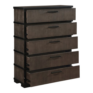 English Elm Two-Tone Modern Industrial Chest with Five Spacious Drawers Oak Veneer Texture and Bold Bar Hardware Black,Brown Gray 43.75 L x 21.5 W x 60.25 H B011P242393