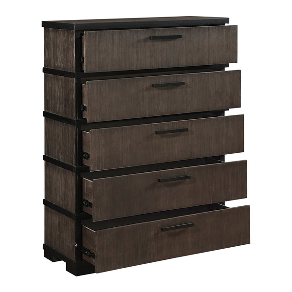 English Elm Two-Tone Modern Industrial Chest with Five Spacious Drawers Oak Veneer Texture and Bold Bar Hardware Black,Brown Gray 43.75 L x 21.5 W x 60.25 H B011P242393