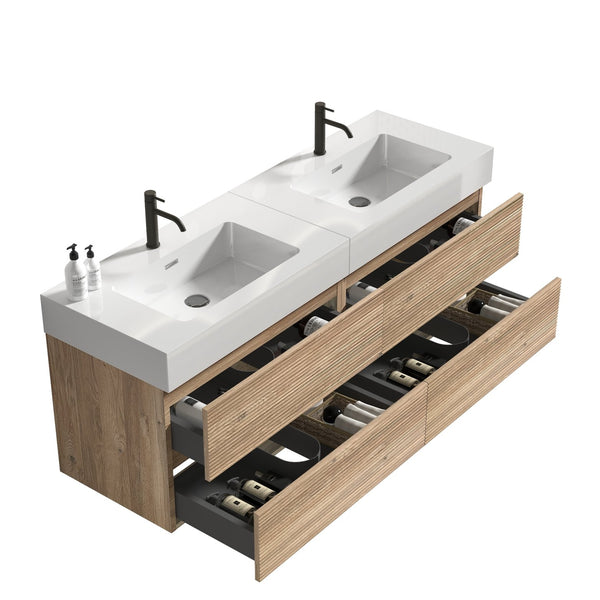 English Elm Grace 60" Bathroom Vanity Wall-Mounted Floating Mid-Century Modern Walnut Grille, Quiet Soft-Close Drawers and One-Piece White Basin (ECO) Oak W1865S00160