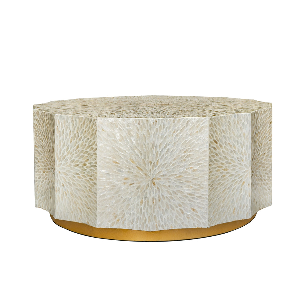 English Elm 35.5x35.5x16" Coastal Geometric Coffee Table with Wooden Base, White & Black Capiz Shell Accent, Stylish Centerpiece W2078P392506