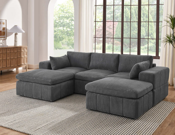 English Elm Large Corduroy Modular Sectional Sofa with Two Ottomans for Family Room Comfort Dark Gray B2748S00040