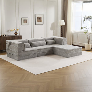 English Elm Compression Modular Sofa Bed, Versatile Light Grey Fleece Couch, No Assembly, 3-Seater & Ottoman W3723S00024