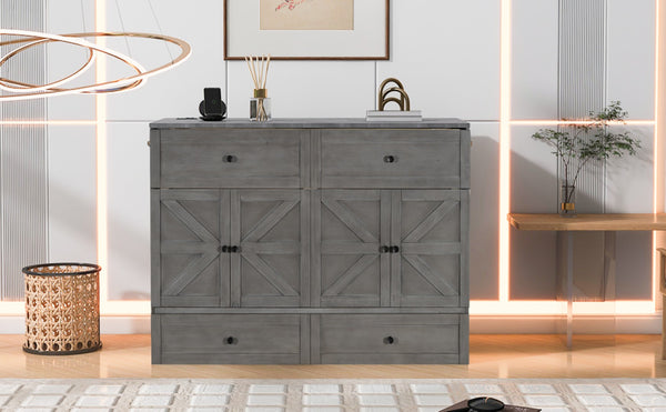 English Elm Full Size Murphy Bed Rattan Cabinet with Storage Drawers and Gold Hardware N708S00005AAE